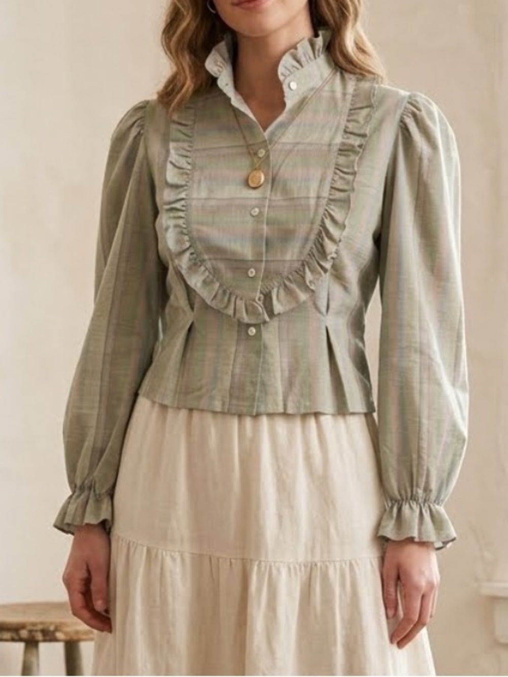 VINTAGE 60’s Victorian Blouse Cropped Ruffle Cottage Prairie Button Down Size 6